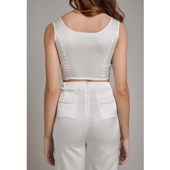 NWT Size L COSHEROOM Off-White 2pc Silk set Crop top and Pants - Picture 4 of 15